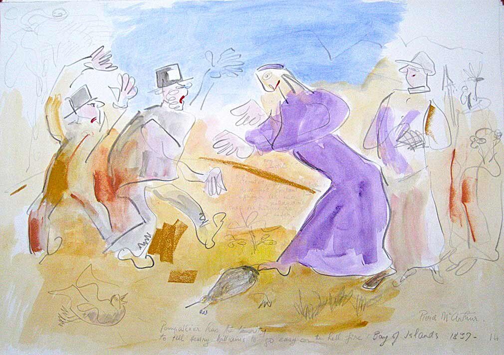 Painting by Piera McArthur: Arguing with Henry Williams