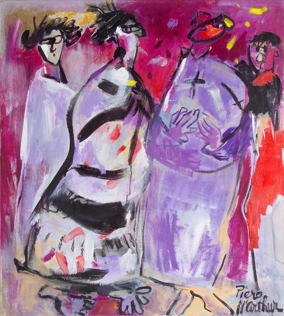 Painting by Piera McArthur: Bishop Pompallier converses with Māori chieftains