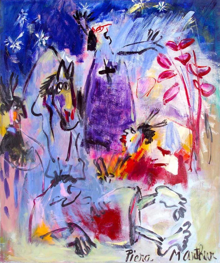 Painting by Piera McArthur: Burning with zeal Pompallier preaches far into the starry night