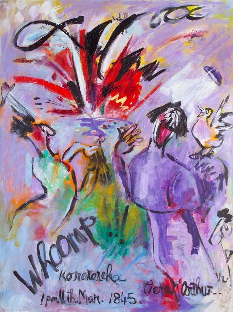 Painting by Piera McArthur: During Hōne Heke's siege of Kororāreka the British ammunition dump blows up
