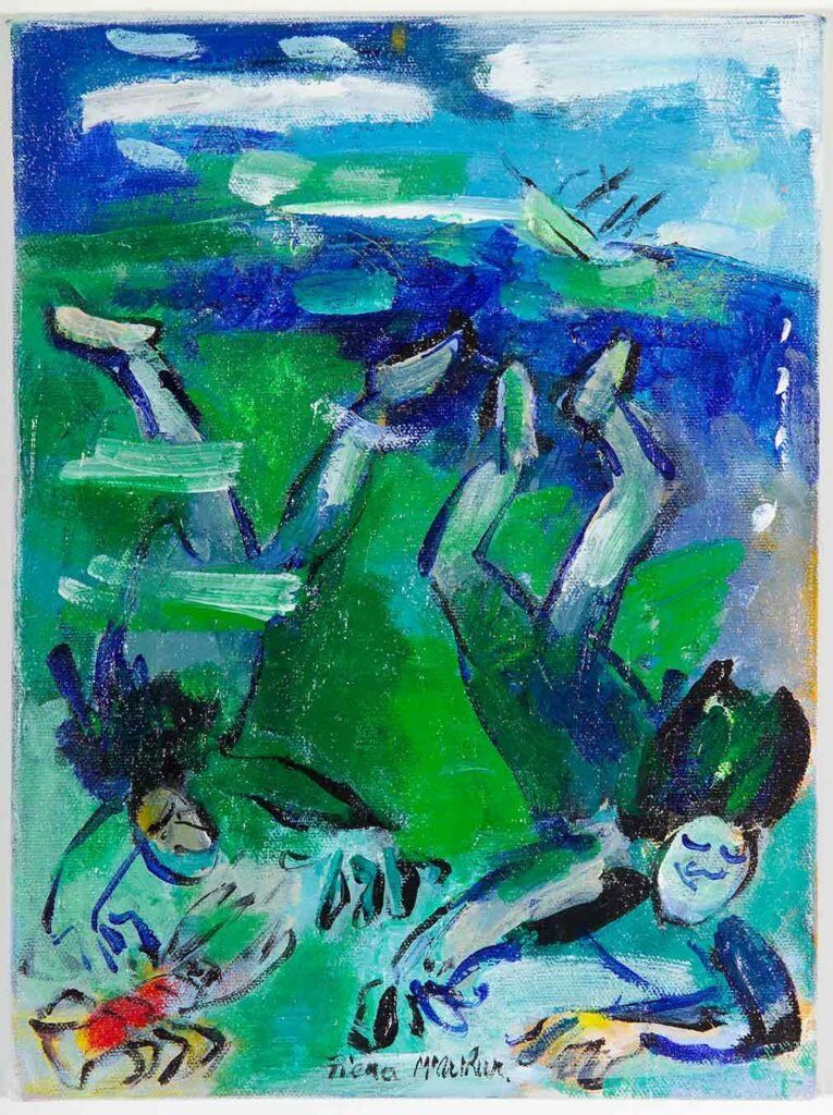 Painting by Piera McArthur: Shipwreck of a missionary schooner off East Coast with two drowned missionaries going down to Davey's locker
